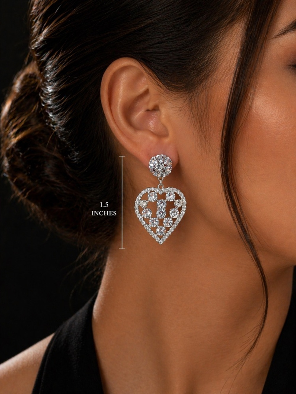 Silver Heart rhinestone Drop Earrings - Picture 3 of 3